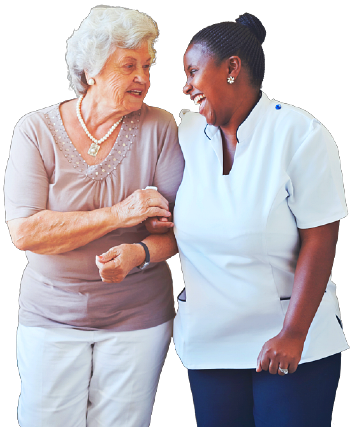 image of an elderly woman and a female caregiver looking at each other